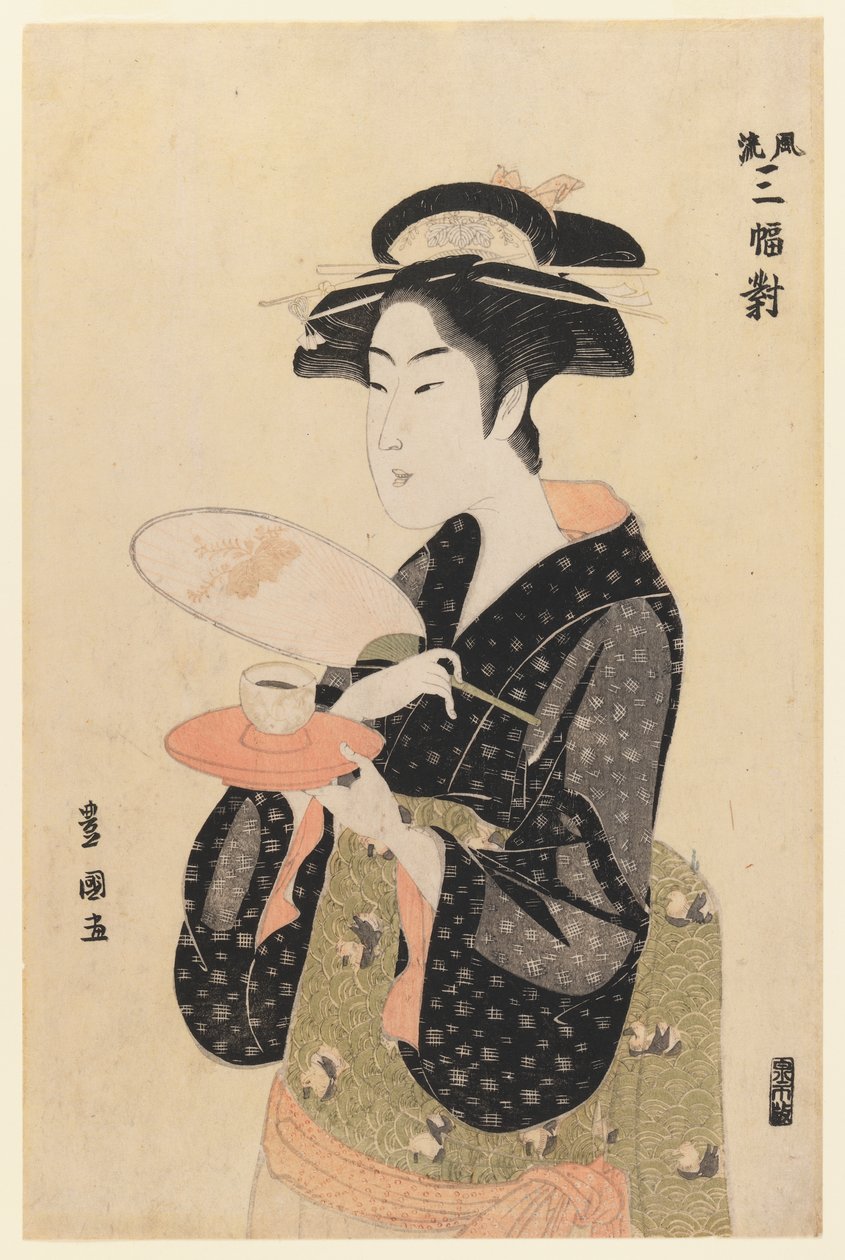 The Tea House Beauty, fra serien Furyu Sanpuku-tsui (farvet træbloktryk) af Utagawa Toyokuni