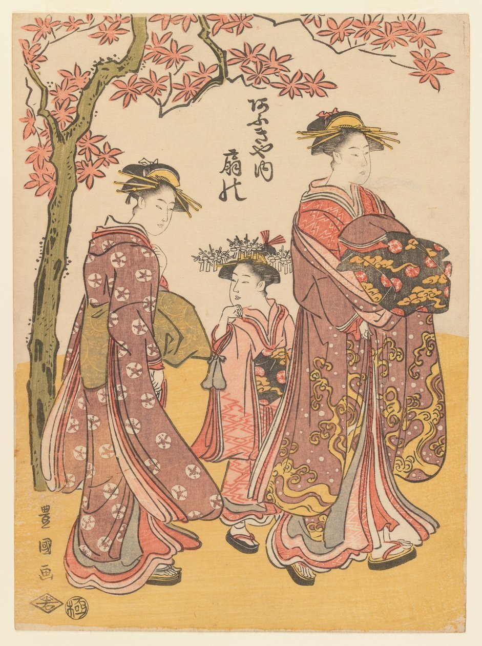Kurtisanen Ogino fra Ogiya Tea House med to ledsagere, ca. 1790-95 (farvet træbloktryk) af Utagawa Toyokuni