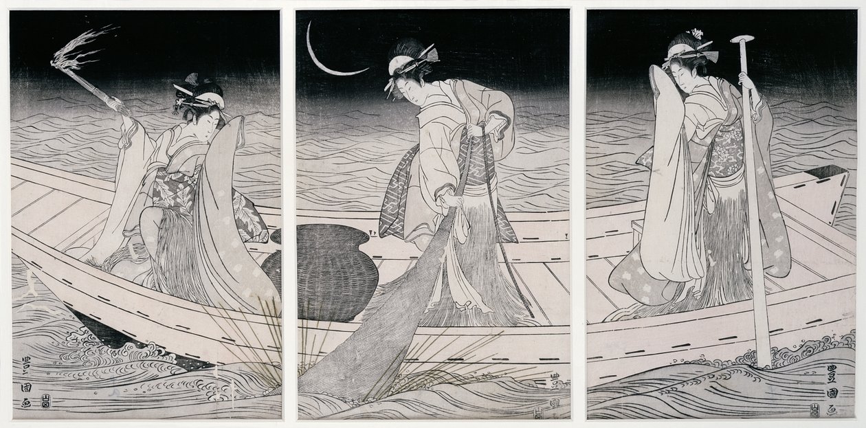 Tre kvinder på en båd, der fisker ved lampelys (træbloktryk) af Utagawa Toyokuni