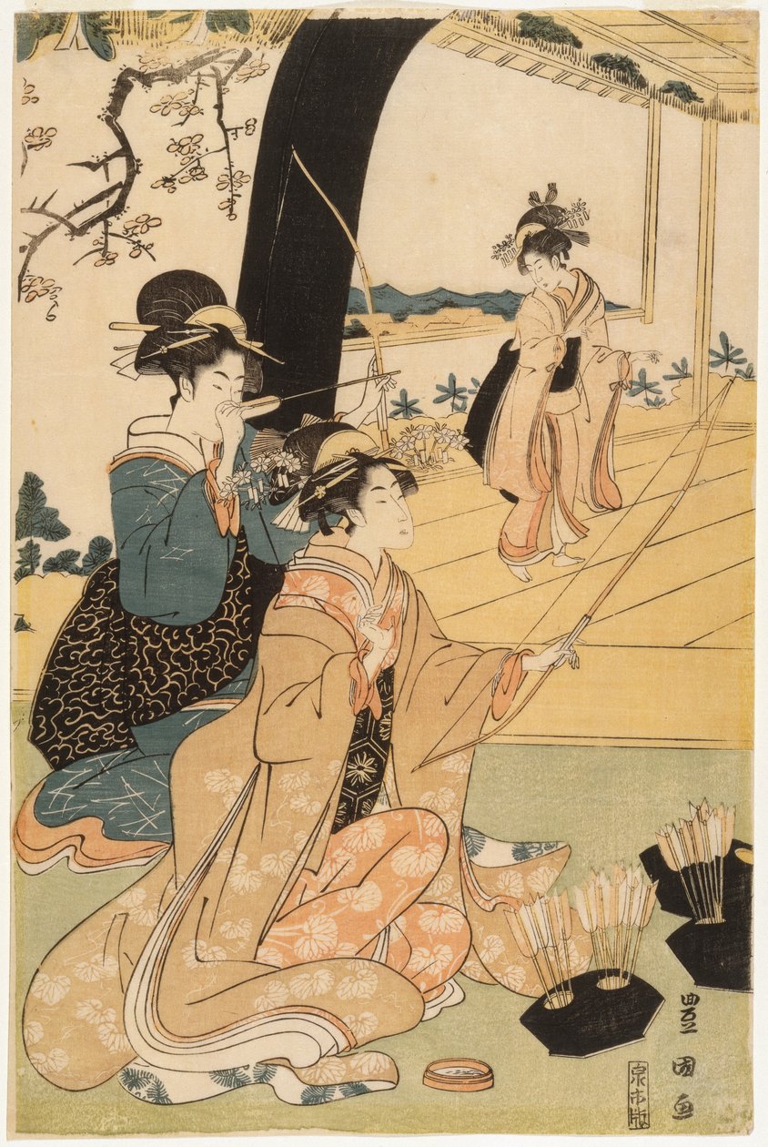 Unge samuraier og kvindelige ledsagere, der øver bueskydning, halvdelen af en diptykon, ca. 1800 (farvet træbloktryk) (par til 499359) af Utagawa Toyokuni
