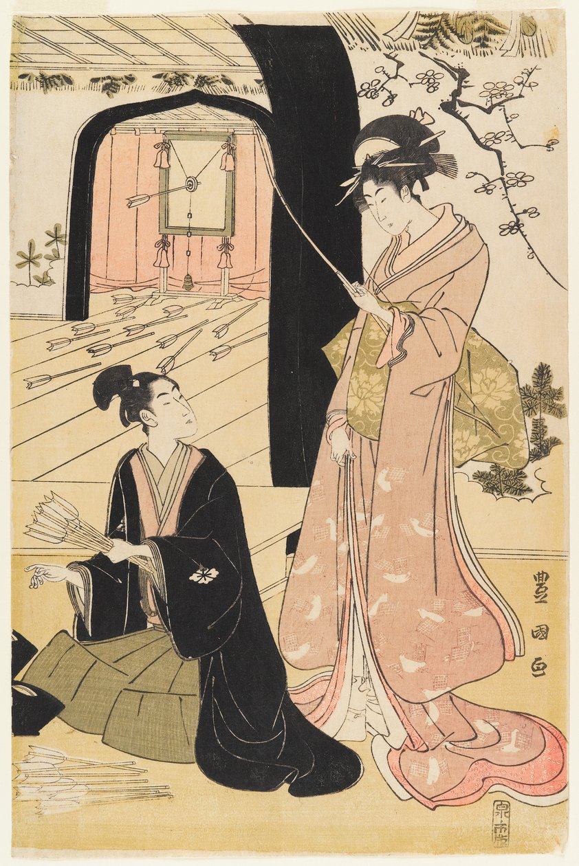 Unge samuraier og kvindelige ledsagere, der øver bueskydning, halvdelen af en diptykon, ca. 1800 (farvet træbloktryk) (par til 499358) af Utagawa Toyokuni