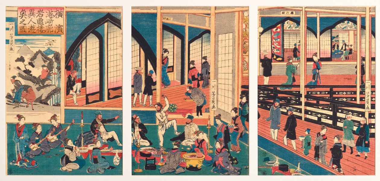Udlændinge underholdt på Gankiro i Miyosaki i Yokohama, januar 1861 (træsnit) af Utagawa Yoshikazu