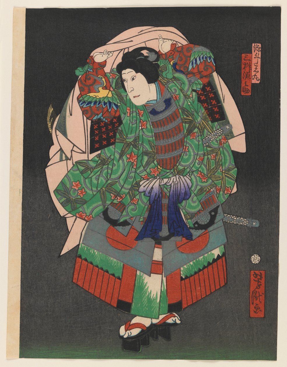 Osaka Kabuki-skuespilleren Gennosuke III, ca. 1860 (træblok farveprint med sølv og messing) af Utagawa Yoshitaki