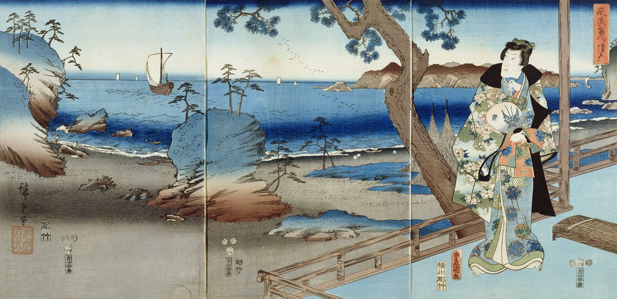 Prins Genji ser på Suma Beach (triptykon) af Utagawa  Hiroshige and Kunisada