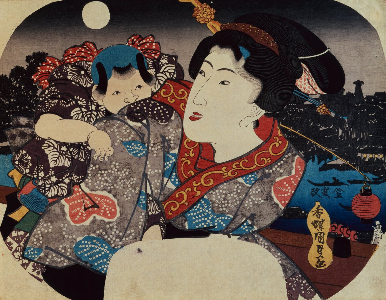 En kvinde, der bærer et barn på ryggen (træbloktryk) af Utagawa Kunisada