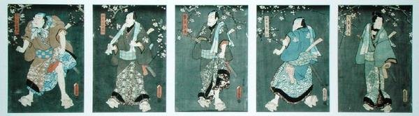 Fem karakterer fra et skuespil af Toyokuni (Pentatych) (se også af Utagawa Kunisada