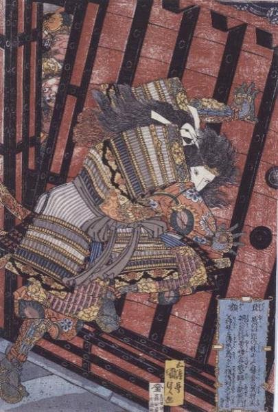 Hangaku forsvarer porten, ca. 1830 af Utagawa Kunisada
