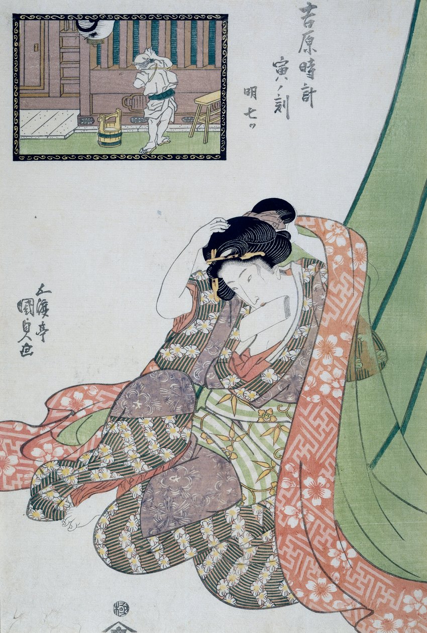 Dragens time, femte til syvende morgentime, ca. 1818, Ukiyo-e kunsttryk af Utagawa Kunisada (1786-1865) fra De tolv timer i Yoshiwara, Oban-tate-e træsnit, 37x24,9 cm af Utagawa Kunisada
