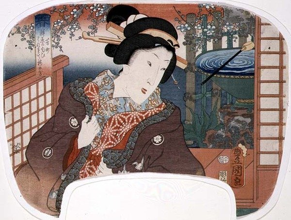 Spring, Yoshi-cho; En geisha i en have, design til en fan fra et sæt på fire, der illustrerer årstiderne af Utagawa Kunisada
