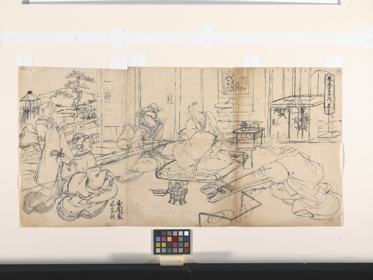 De fire præstationer (Musik, Go, Kalligrafi, Maleri): Musik (Koto) (blæk på papir) af Utagawa (1786 1865) Kunisada