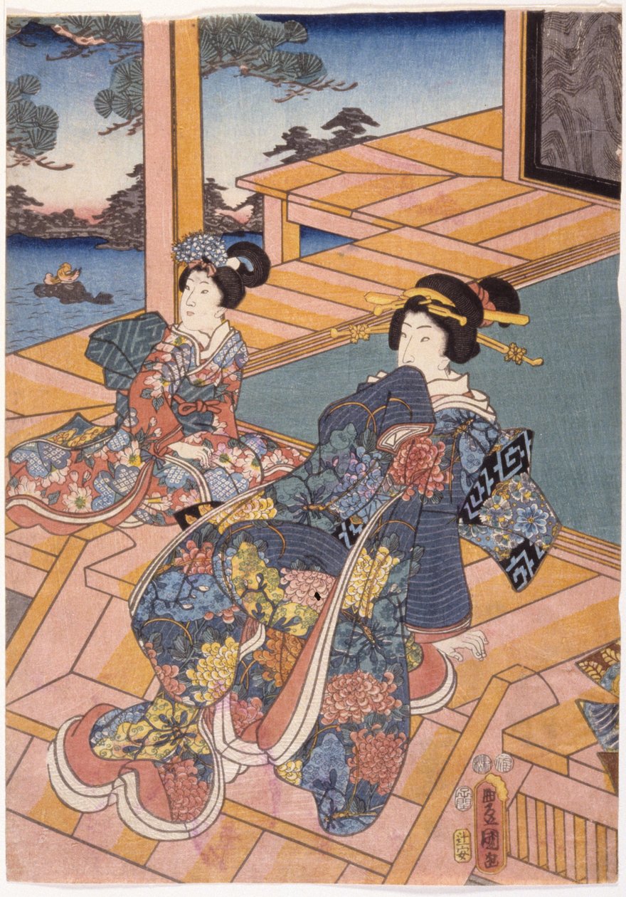 To damer på en terrasse (træbloktryk i farver) af Utagawa (1786 1865) Kunisada