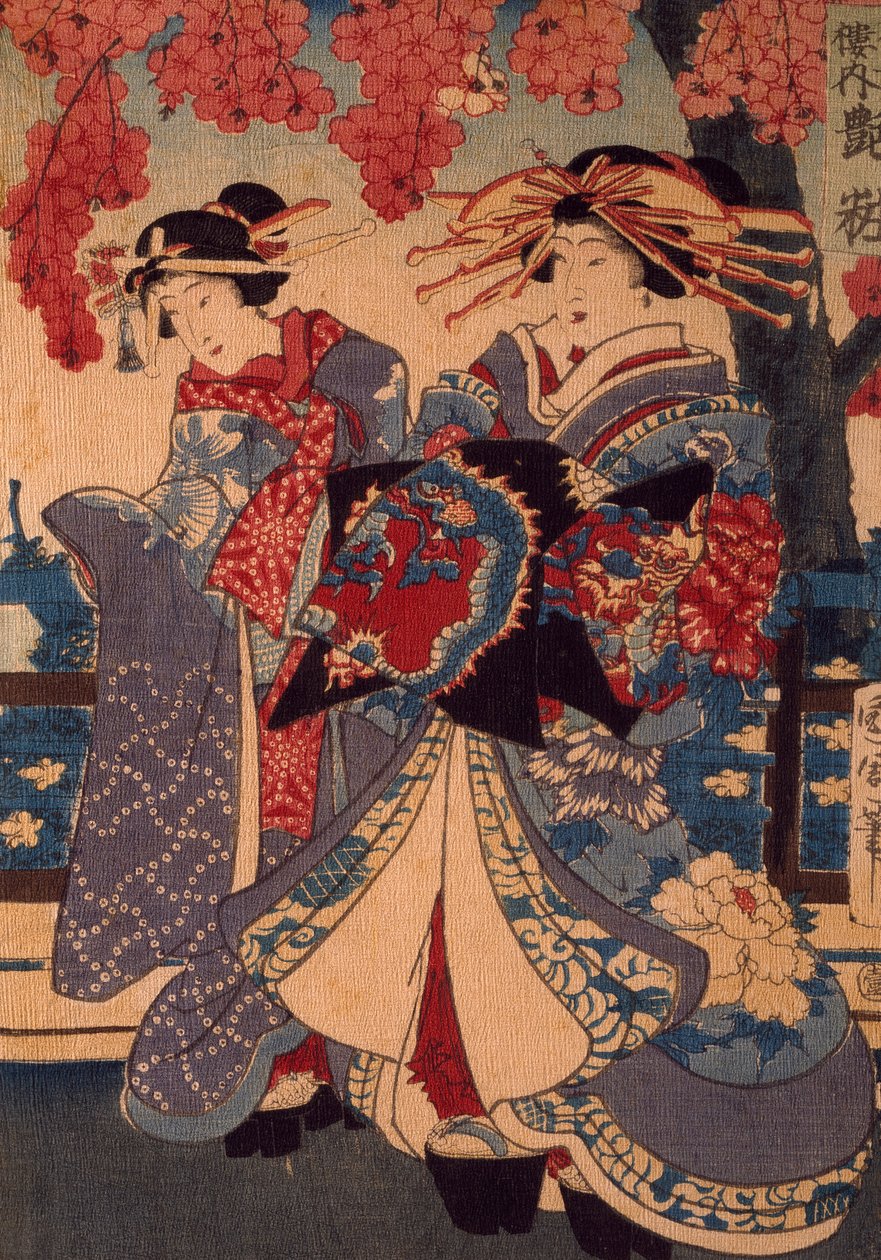 To kvinder i en blomsterhave, af Utagawa Kunisada, træsnit, creponteknik af Utagawa Kunisada
