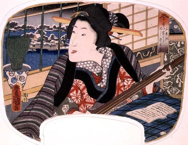 Winter, Shinobazu Pond; En geisha øver en ballade, design til en vifte fra et sæt på fire med illustrationer af årstiderne af Utagawa Kunisada