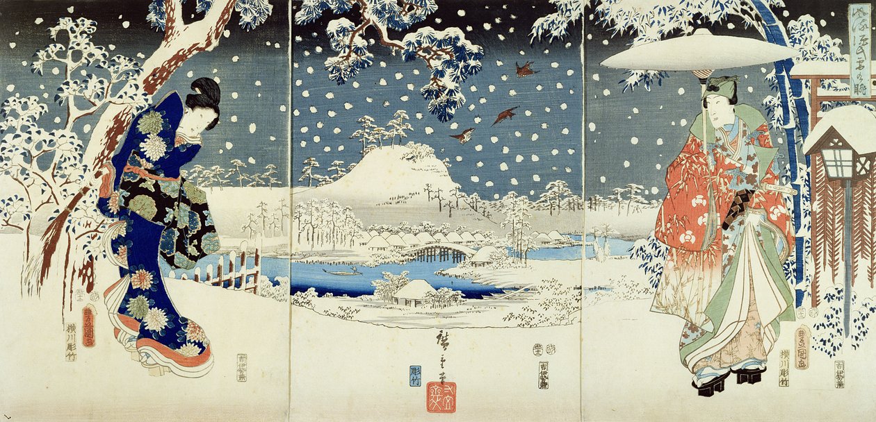 Snescene i en Daimyos have (triptykon) af Utagawa  Hiroshige and Kunisada