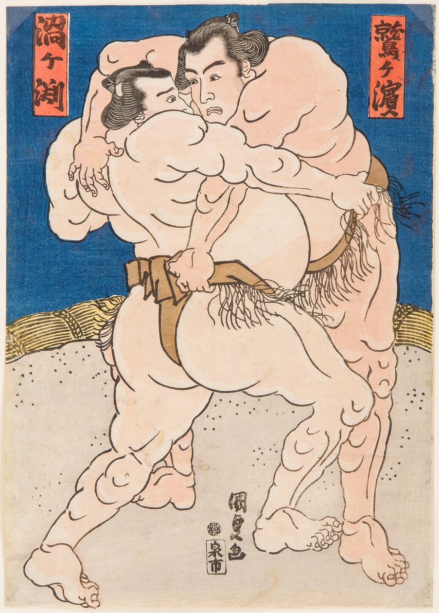 Kamp mellem sumobryderne Uzugafuchi og Washigahama. Estampe de Utagawa Kunisada (1786-1865), vers 1830 - Brydekamp Uzugafuchi vs Washigahama, af Kunisada (Toyokuni III), Utagawa (1786-1865). Farve træsnit, ca. 1830. Mål: 37x26 cm. Privat C af Utagawa Kunisada