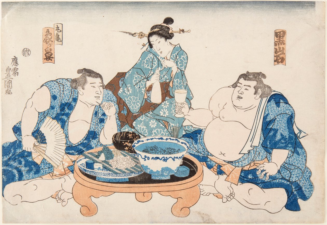 Sumobryderne Kuroiwa og Zogahana med en geisha. Tryk af Utagawa Kunisada (1786-1865) af Utagawa Kunisada