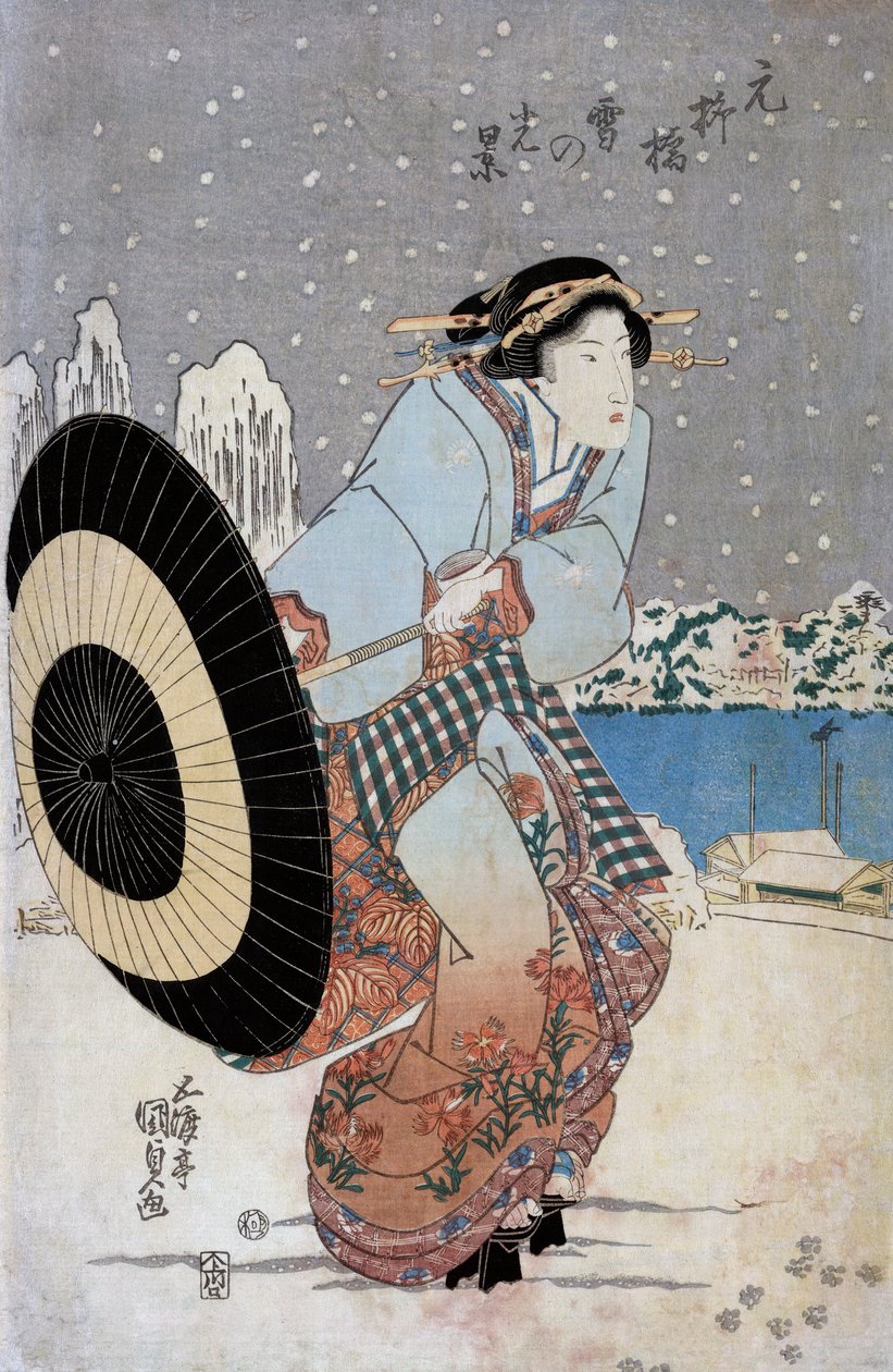 Night Snow Scene ved Motonoyanagi Bridge, ca. 1825 (træbloktryk) af Utagawa Kunisada