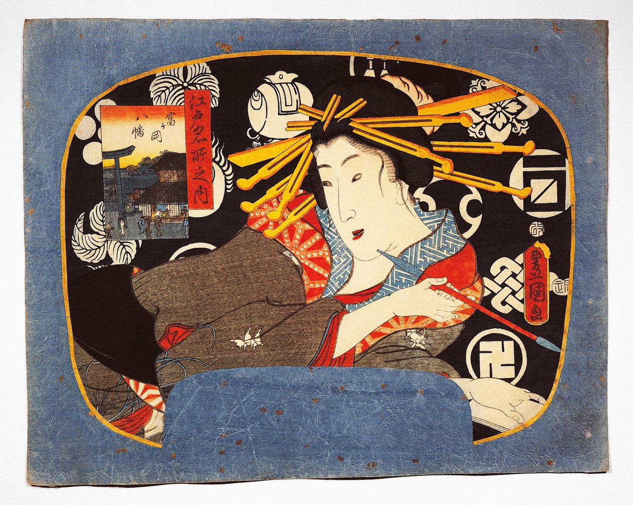 Courtesane med lang pibe, Hachiman tempel indsat til venstre af Utagawa Kunisada