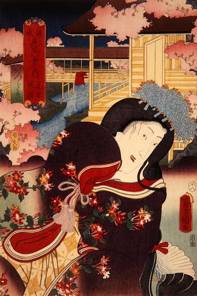 Hanano Enbansho Katsuragi Genji Mitate Hakkei no Uchi (Fower Bankue t, Eening g Bell: Katsuragi), ca. 1808-58 af Utagawa Kunisada
