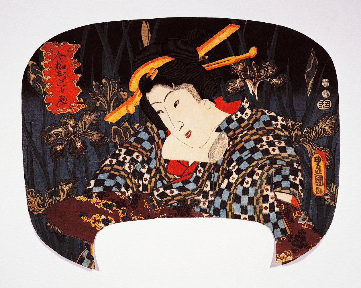 Portræt af kurtisane med iris i baggrunden af Utagawa Kunisada