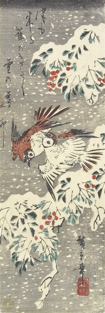 (Himmelsk bambus og spurve i sne), 1830-1858 af Utagawa Hiroshige