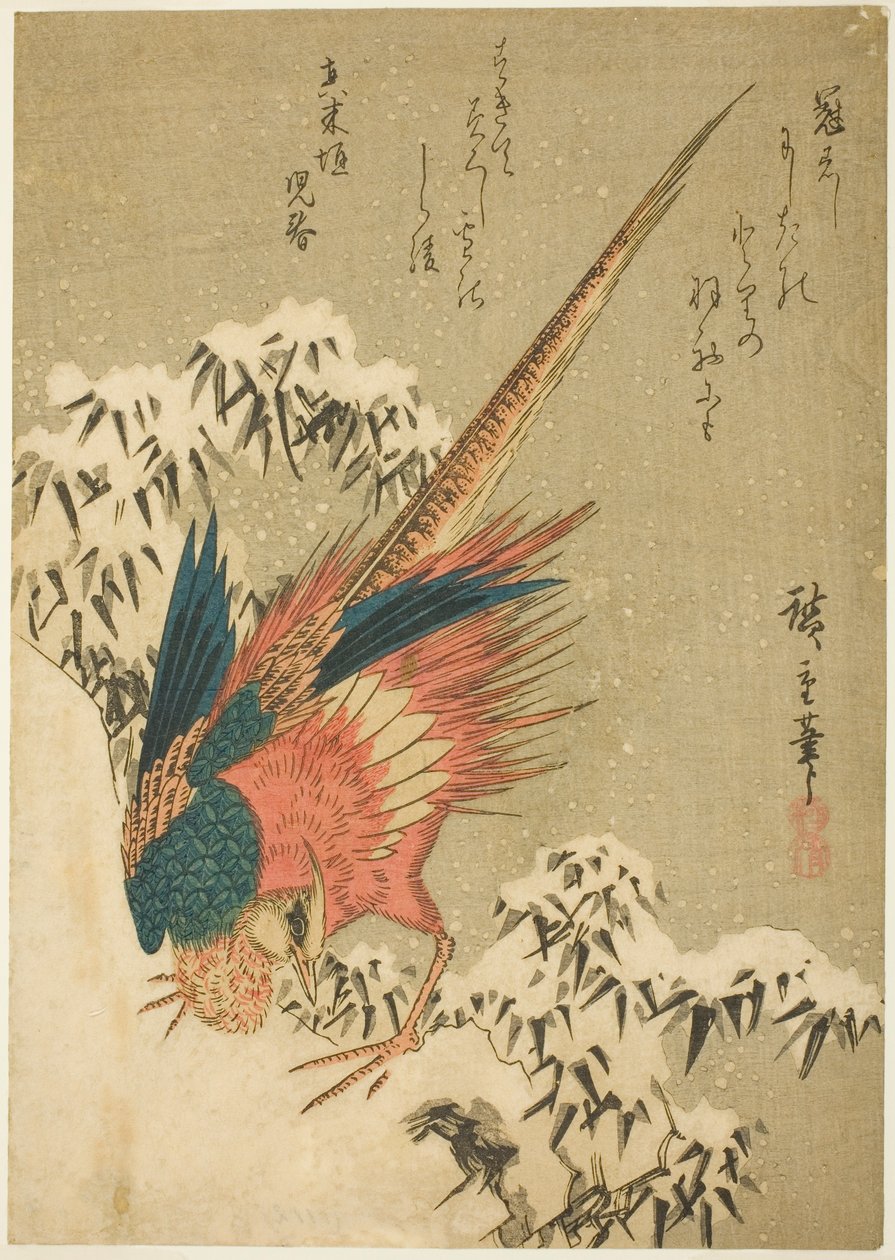 En guldfasan midt i snedækket bambus på en stejl bakkeskråning af Utagawa Hiroshige