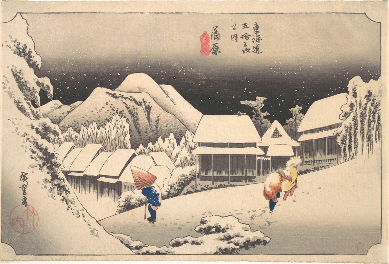 En snefyldt aften ved Kanbara station af Utagawa Hiroshige