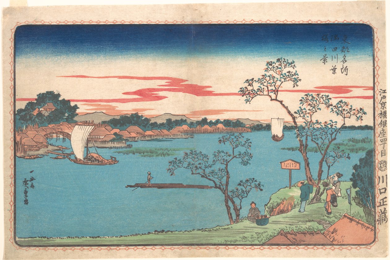 Udsigt over kirsebærtræer med løv langs Sumida-floden af Utagawa Hiroshige