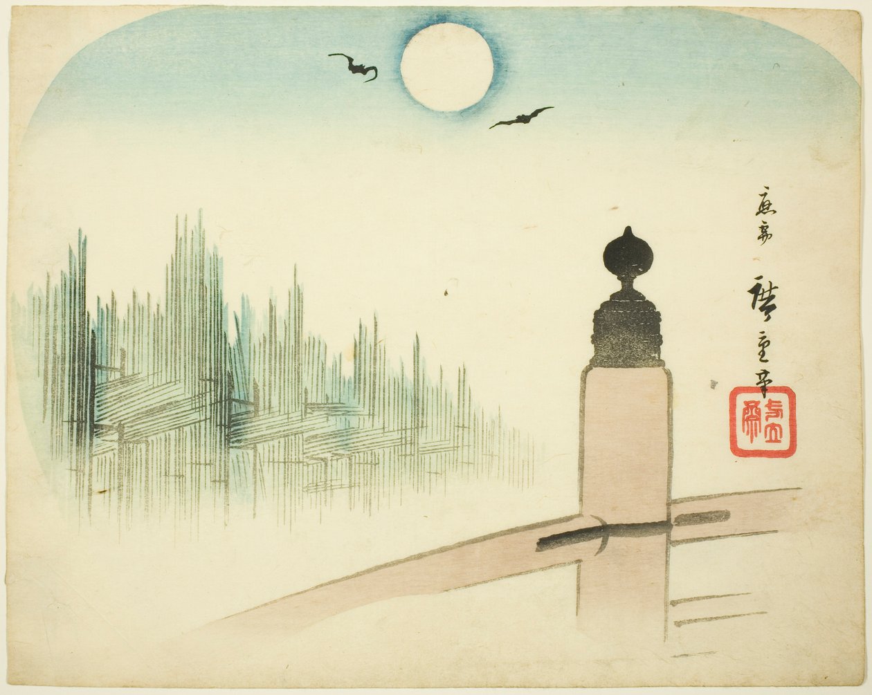 Udsigt over tømmergårde fra en bro af Utagawa Hiroshige