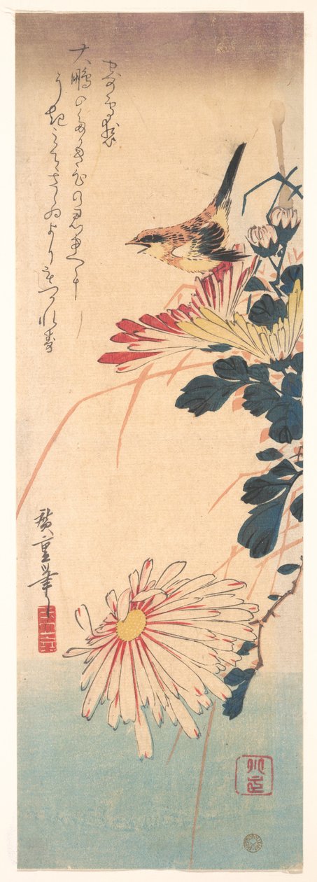 Ein Zaunkönig und Chrysanthemen af Utagawa Hiroshige