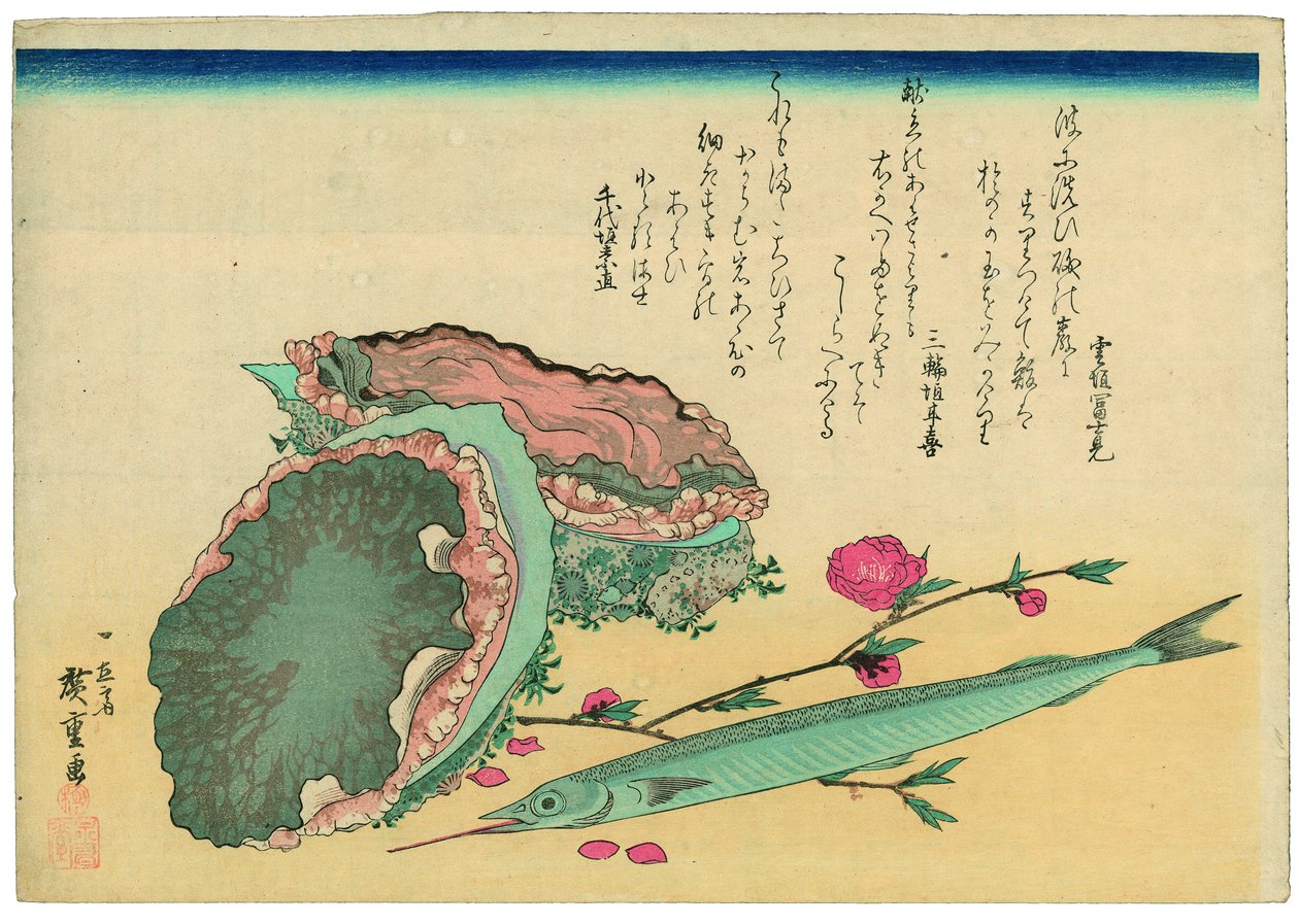 Øresnegl, halvfisk og ferskenblomster af Utagawa Hiroshige