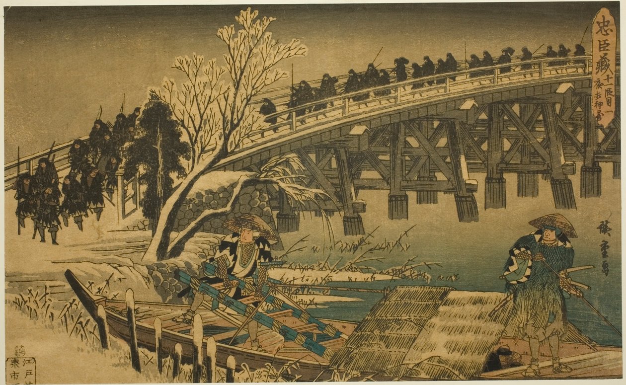Act 11, Part 1: The Approach to the Night Attack (Juichidanme ichi, yochi oshiyose), fra serien "The Revenge of the Loyal Retainers (Chushingura)" af Utagawa Hiroshige
