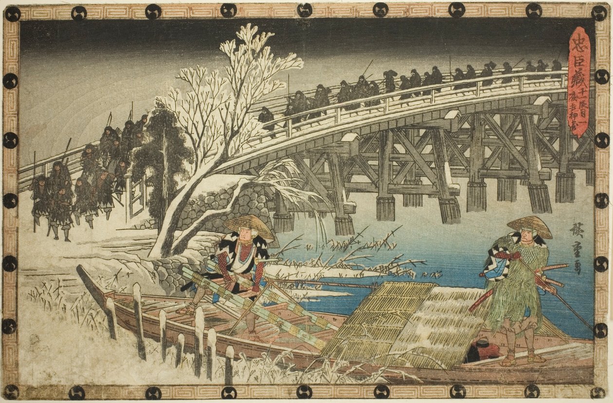 Act 11, Part 1: The Approach to the Night Attack (Juichidanme ichi, yochi oshiyose), fra serien "The Revenge of the Loyal Retainers (Chushingura)" af Utagawa Hiroshige