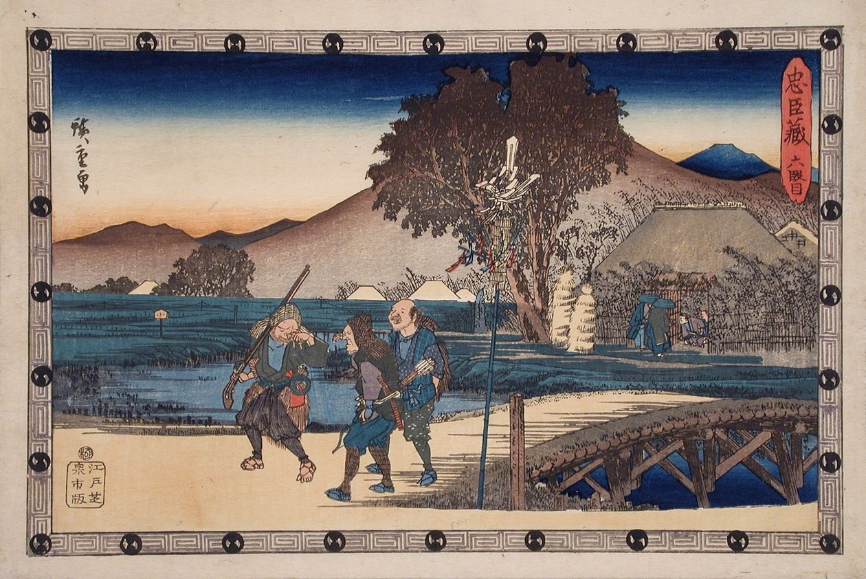Akt VI: Jægere vender tilbage efter at have bragt den myrdede Yoichibeis lig til hans hytte af Utagawa Hiroshige