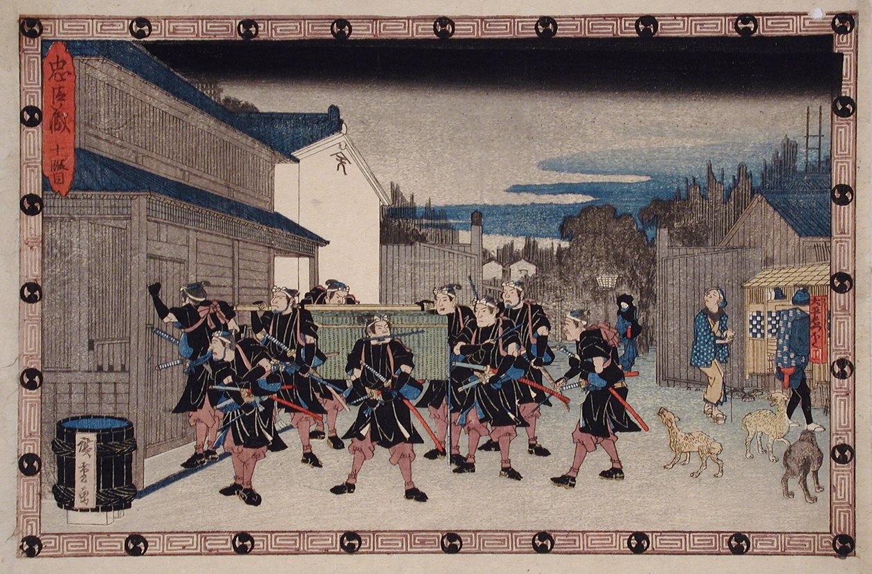 10. akt: Rōnin bærer en kurv, der skjuler Yuranosuke, ind i Giheis hus af Utagawa Hiroshige