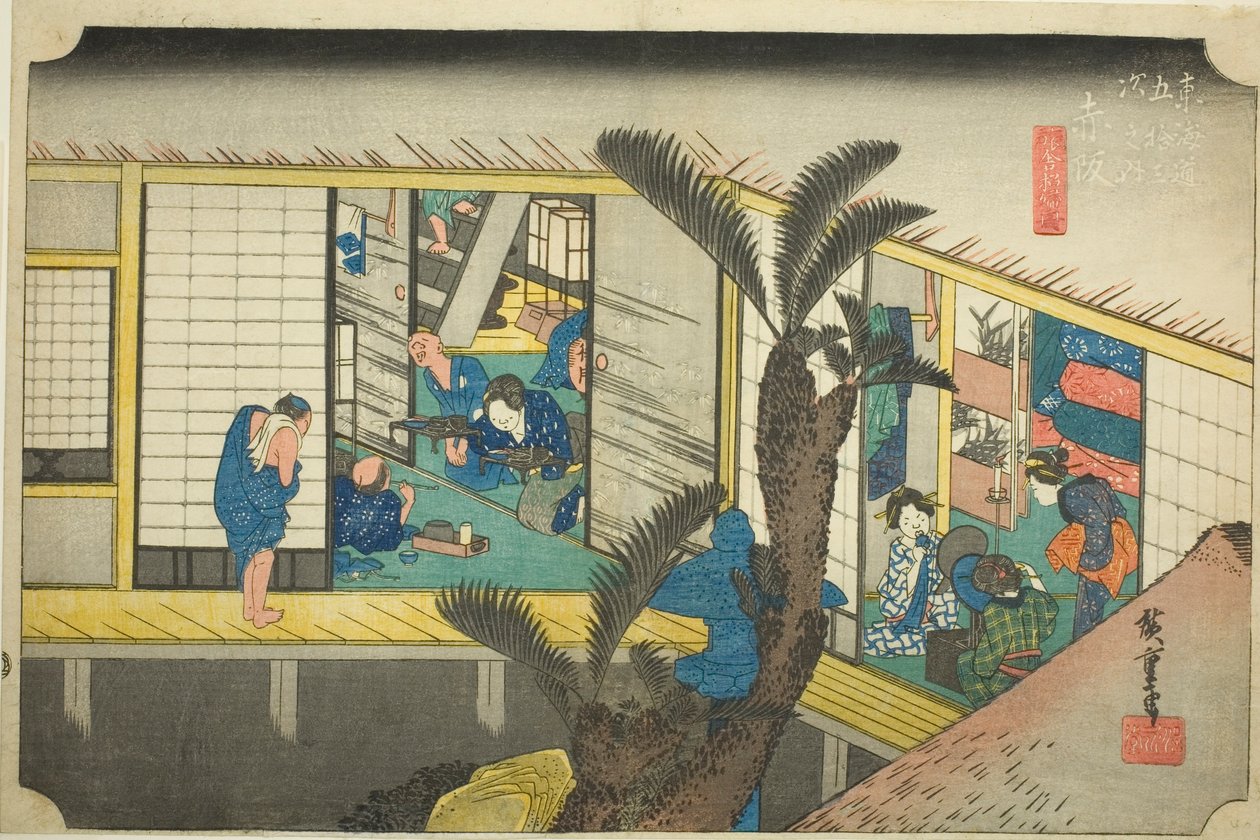 Akasaka: Servitricer på en kro (Akasaka, ryosha shofu no zu), fra serien "Fifty-three Stations of the Tokaido (Tokaido gojusan tsugi no uchi)," også kendt som Hoeido Tokaido af Utagawa Hiroshige