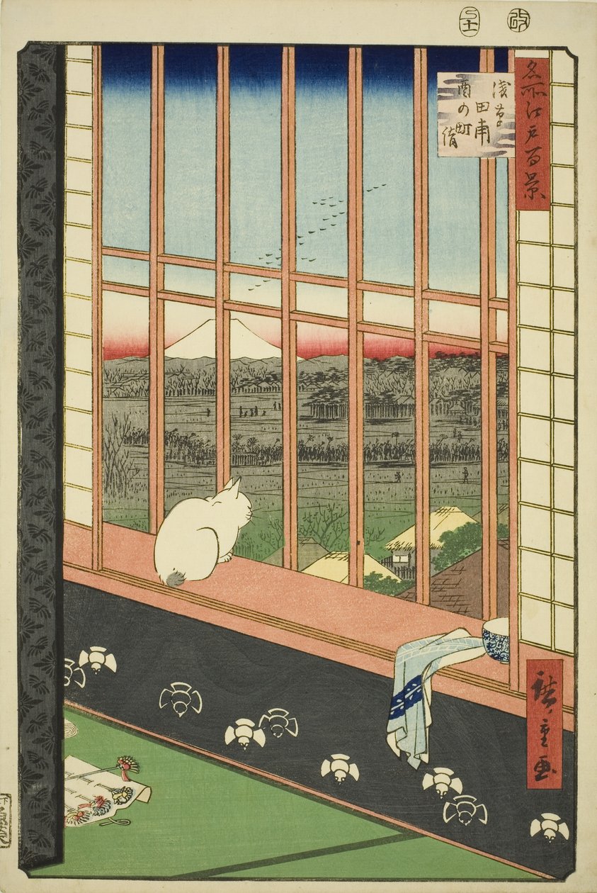 Asakusa lycee Fie lds plan d by feschival (Asakusa rismarksfangstby ​​er også opført), fra serien "Ridge d re d fa net udsigt til Edo (berømt sted 100 udsigt over Edo)" af Utagawa Hiroshige