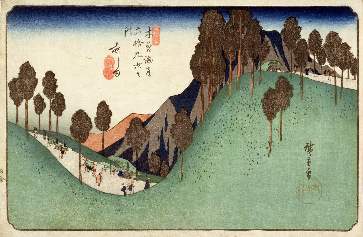Ashida, fra niogtres stationer på Kisokaido Highway, ca. 1838 (træblok farvetryk) af Utagawa Hiroshige