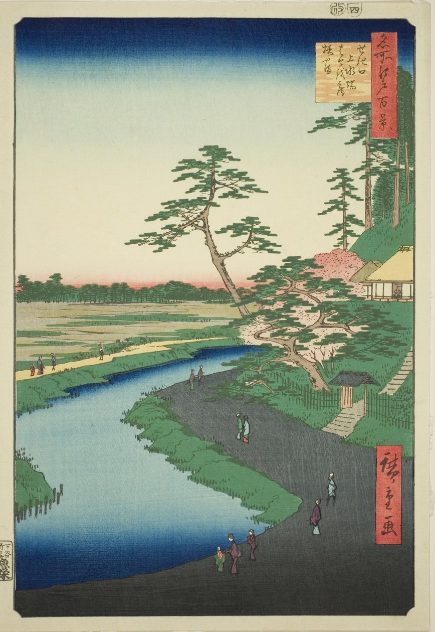 Bashos hytte på Camellia Hill ved siden af akvadukten i Sekiguchi (Sekiguchi josui-bata Bashoan Tsubakiyama), fra serien "Hundrede berømte udsigter over Edo (Meisho Edo hyakkei)". af Utagawa Hiroshige