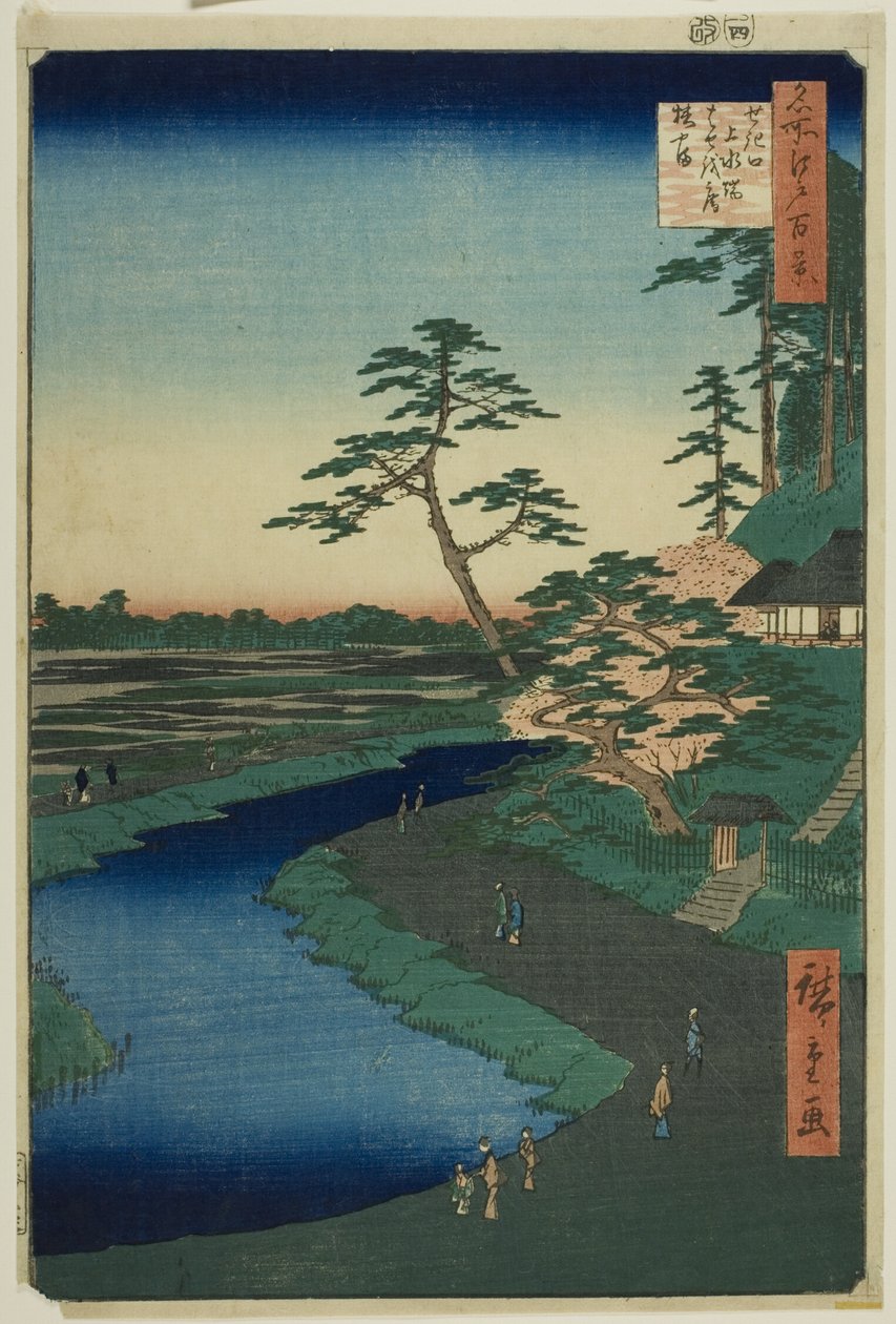 Bashos hytte på Camellia Hill ved siden af akvadukten i Sekiguchi, fra serien "Hundrede berømte udsigter over Edo (Meisho Edo hyakkei)". af Utagawa Hiroshige
