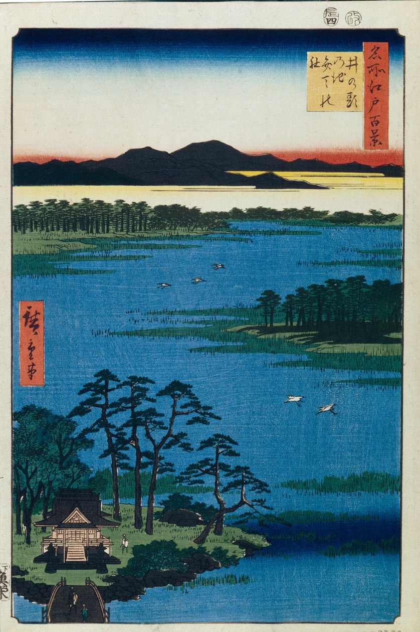 Benten-helligdommen ved Inokashira-dammen. Et hundrede berømte udsigter over Edo, ca. 1858 af Utagawa Hiroshige