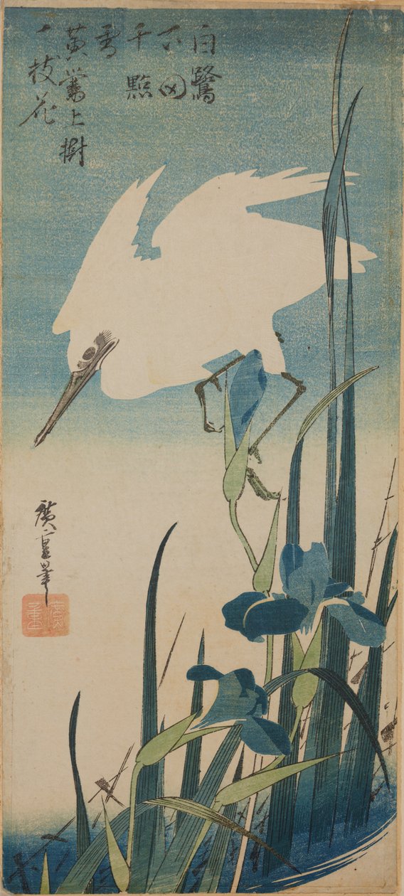 En hvid, flyvende hejre og blå iris / Shobu to shirasagi af Utagawa Hiroshige