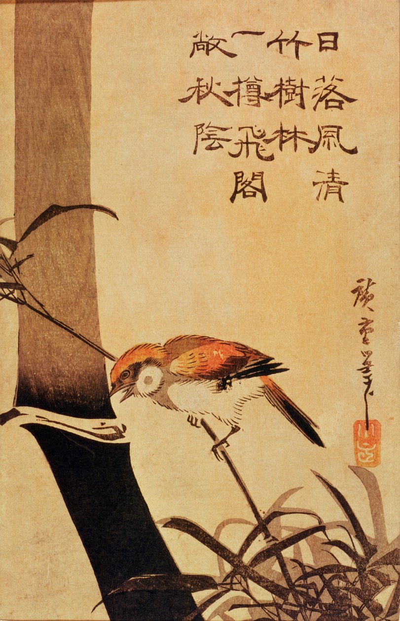 Fugl og bambus, ca. 1830, (træblok i farver) af Utagawa Hiroshige