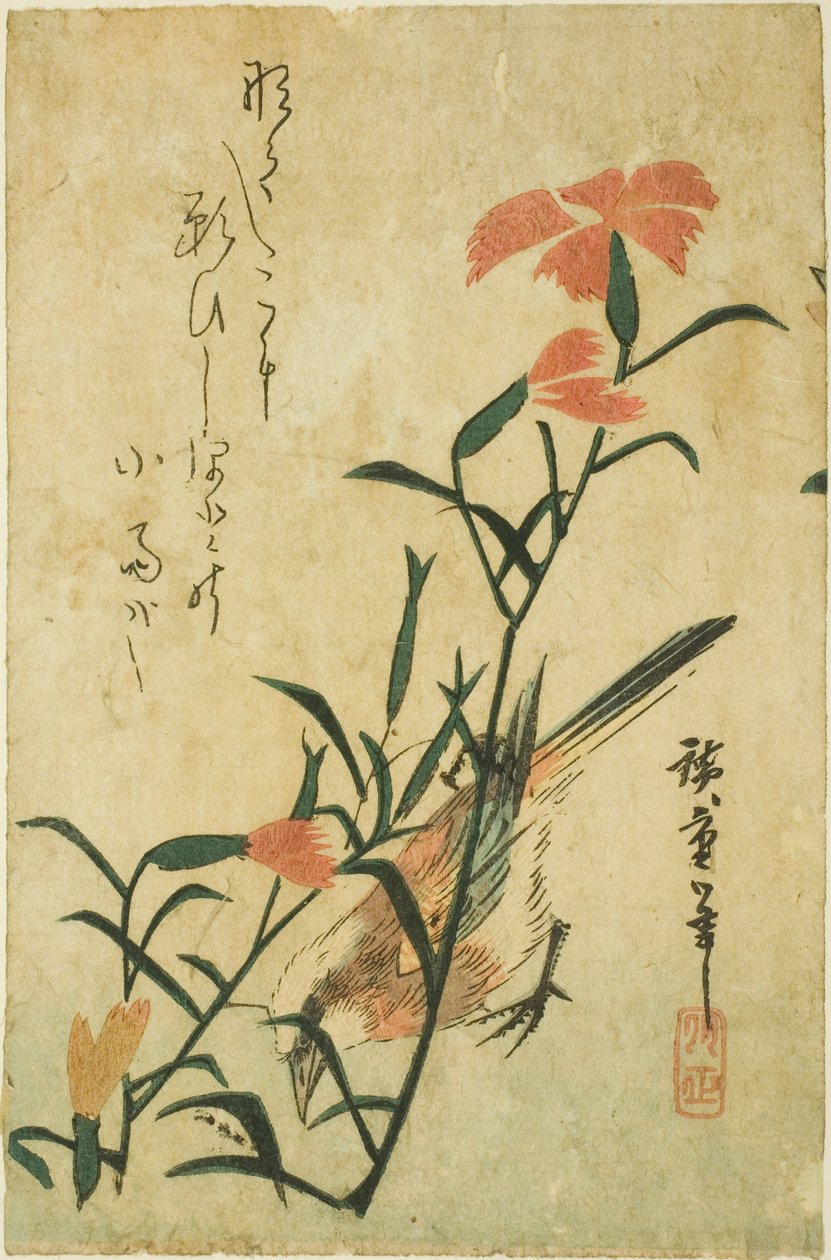 Fugl og vild nellike af Utagawa Hiroshige