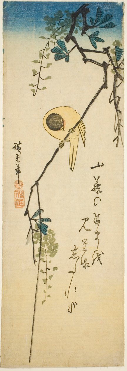 Fugl på silkeblød blåregn af Utagawa Hiroshige