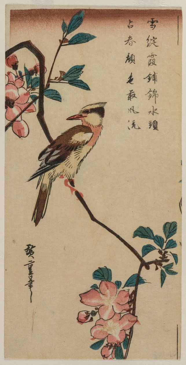 Black-Naped Oriole (Korean Warbler) på en Hall Crabapple af Utagawa Hiroshige