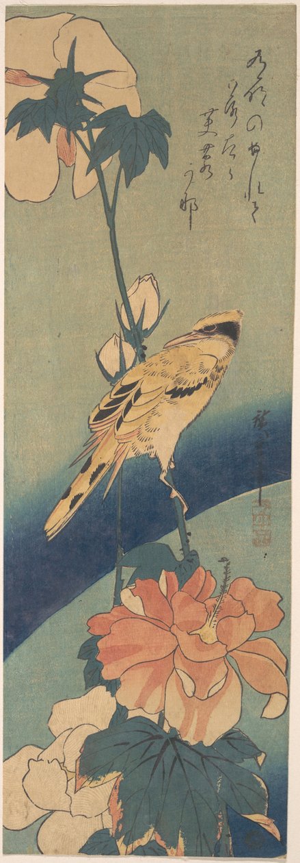 Schwarzrückenpirol auf einem Hibiskusstängel af Utagawa Hiroshige