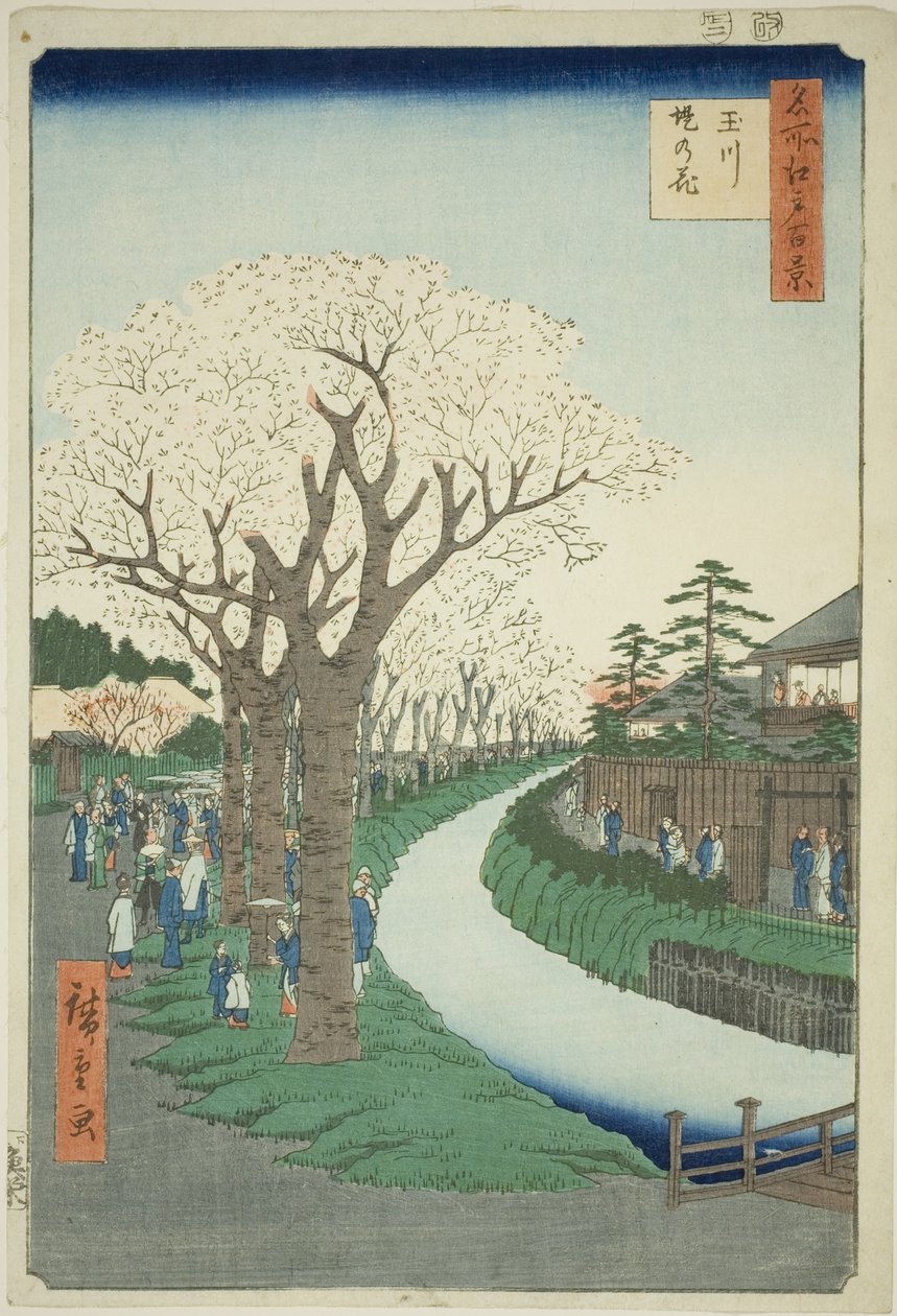 Bosso MS sound te tamari ver billedversion k overflade t (Tamagawa Tsutsumi no Hana), fra serien "Ridge d re d fa net view ws f Edo (One Hundred Famous Views of Edo) )" af Utagawa Hiroshige