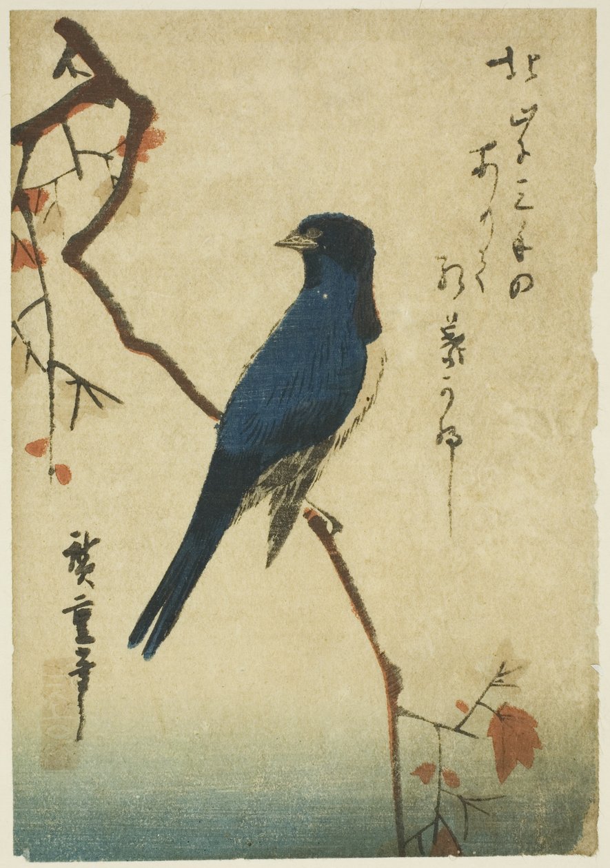 Blå fugl på ahorngren af Utagawa Hiroshige