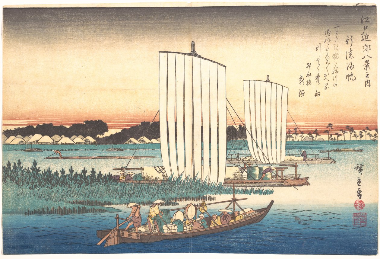 Både, der vender tilbage til Gyotoku af Utagawa Hiroshige